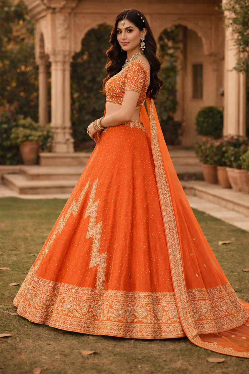 Sanskriti Vintage Orange Art Silk Unstitched Lehenga Hand Embroidered Zardozi