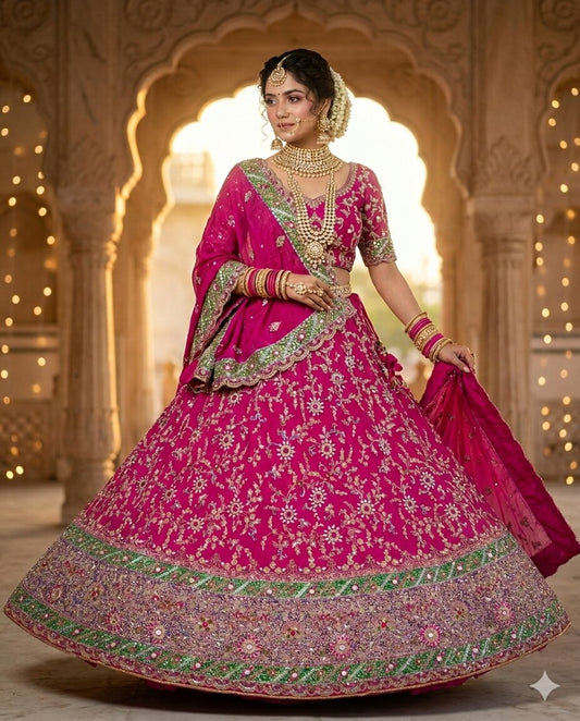 Sanskriti Vintage Pink Pure Georgette Unstitched Lehenga Hand Embroidery Zardozi