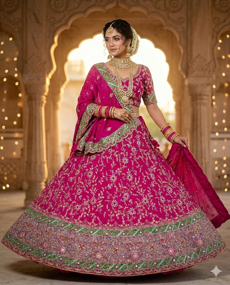 Sanskriti Vintage Pink Pure Georgette Unstitched Lehenga Hand Embroidery Zardozi
