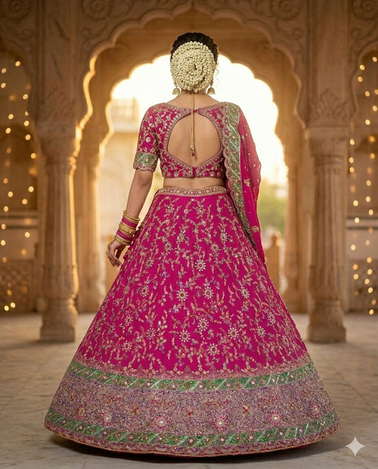 Sanskriti Vintage Pink Pure Georgette Unstitched Lehenga Hand Embroidery Zardozi