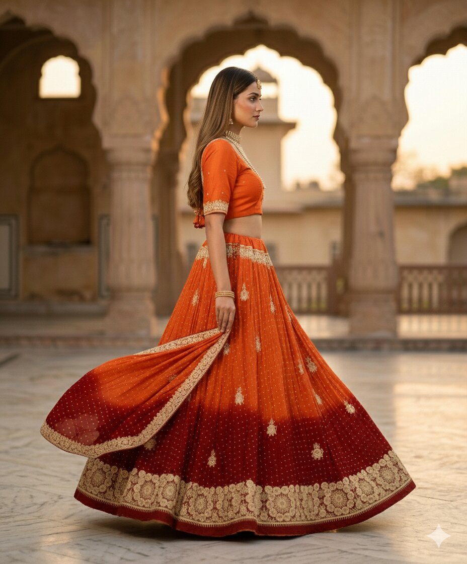 Sanskriti Vintage Orange Art Silk Unstitched Lehenga Hand Embroidered Zardozi