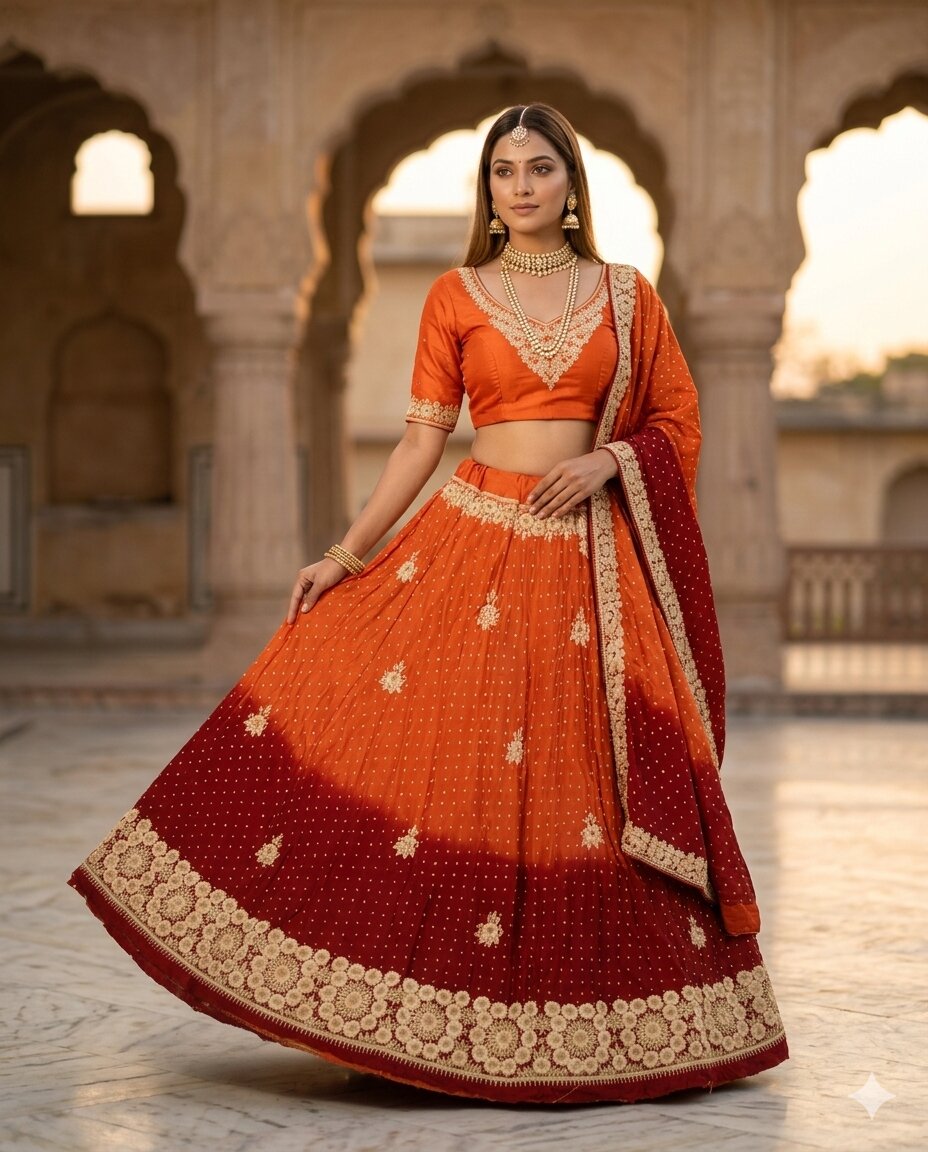 Sanskriti Vintage Orange Art Silk Unstitched Lehenga Hand Embroidered Zardozi