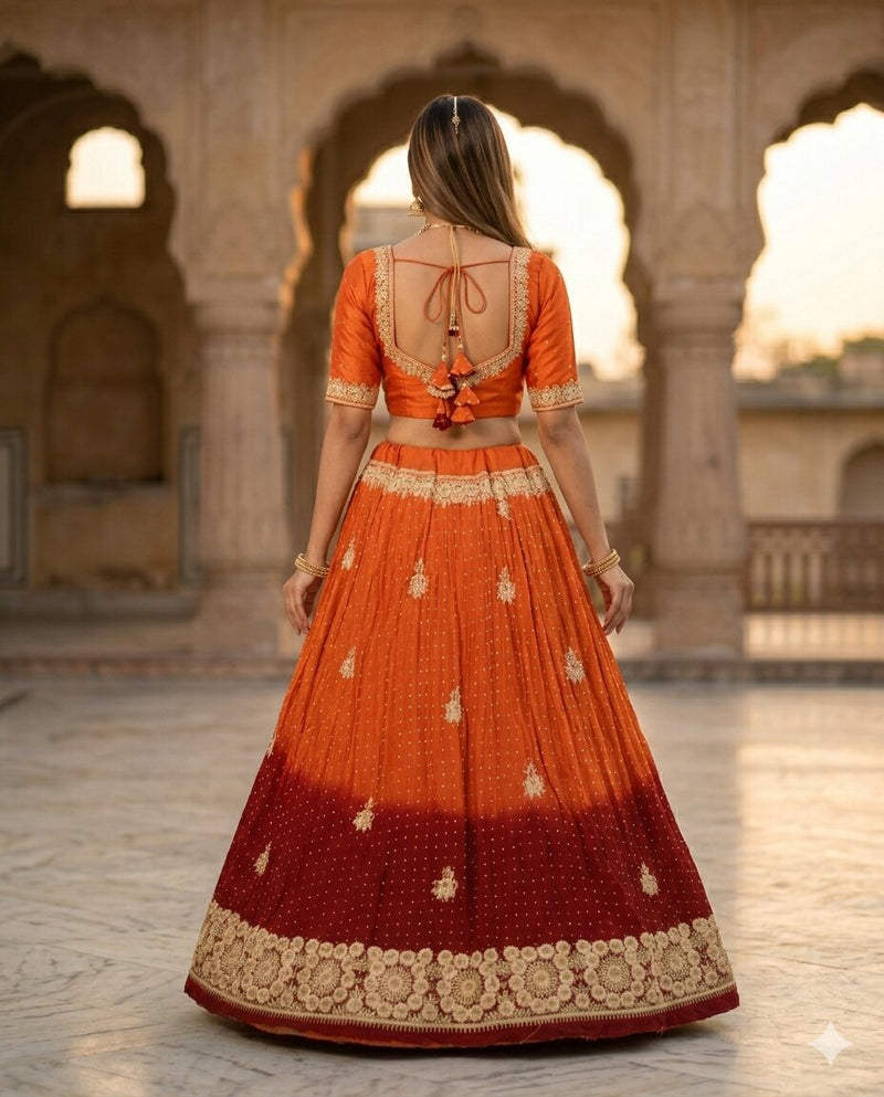 Sanskriti Vintage Orange Art Silk Unstitched Lehenga Hand Embroidered Zardozi