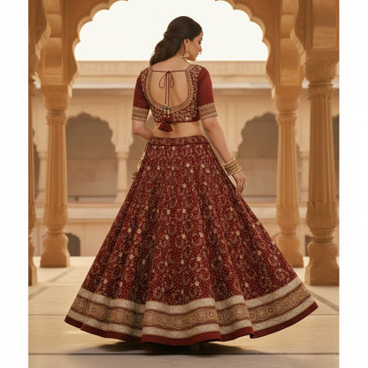 Sanskriti Vintage Maroon Art Silk Unstitched Lehenga Hand Embroidered Zardozi