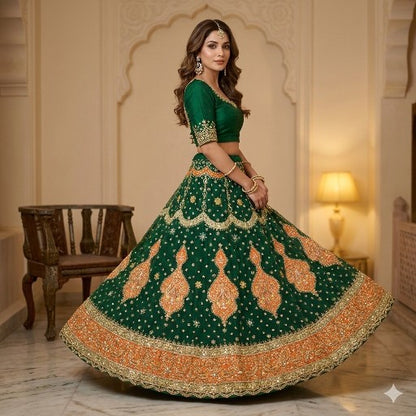 Sanskriti Vintage Green Georgette Unstitched Lehenga Hand Embroidery Zardozi