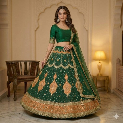 Sanskriti Vintage Green Georgette Unstitched Lehenga Hand Embroidery Zardozi