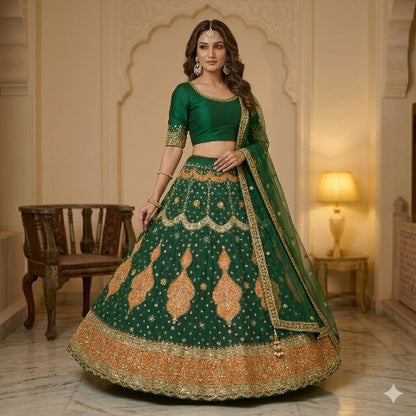 Sanskriti Vintage Green Georgette Unstitched Lehenga Hand Embroidery Zardozi