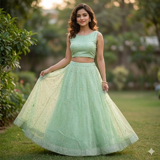 Sanskriti Vintage Green Net Mesh Stitched Lehenga Hand Embroidery Zardozi Dabka
