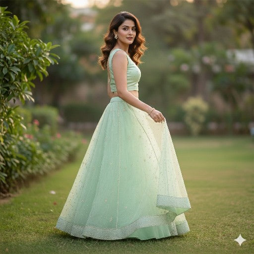 Sanskriti Vintage Green Net Mesh Stitched Lehenga Hand Embroidery Zardozi Dabka