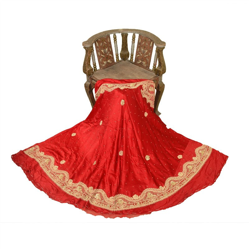Sanskriti Vintage Red Pure Satin Silk Unstitched Lehenga Hand Embroidery Zardozi