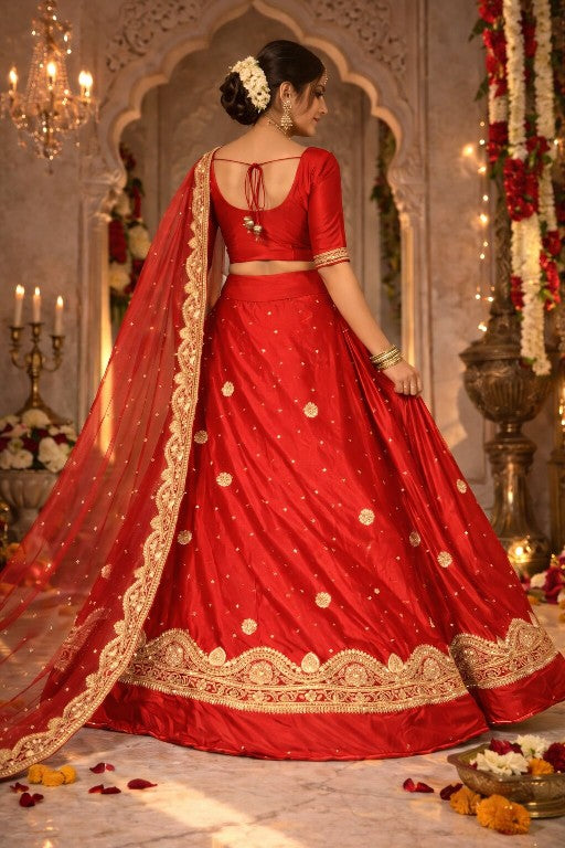 Sanskriti Vintage Red Pure Satin Silk Unstitched Lehenga Hand Embroidery Zardozi