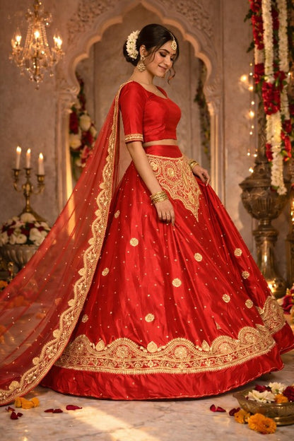 Sanskriti Vintage Red Pure Satin Silk Unstitched Lehenga Hand Embroidery Zardozi