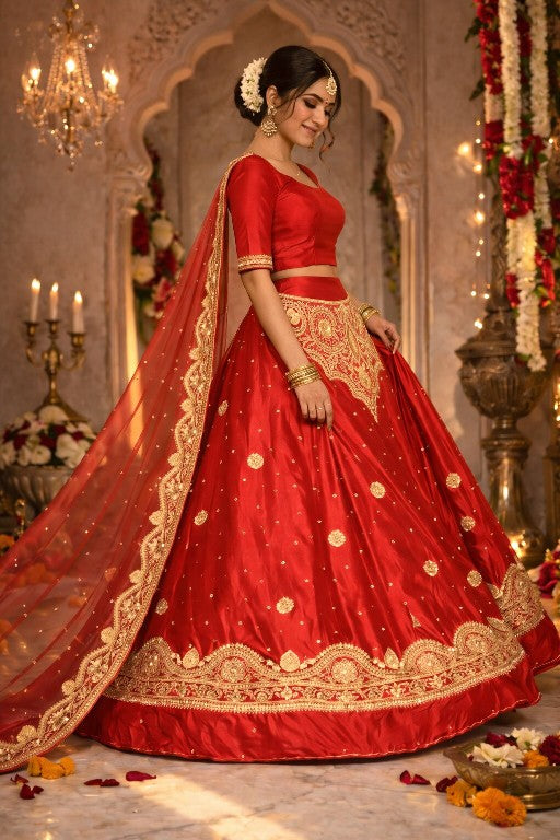 Sanskriti Vintage Red Pure Satin Silk Unstitched Lehenga Hand Embroidery Zardozi