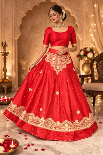 Sanskriti Vintage Red Pure Satin Silk Unstitched Lehenga Hand Embroidery Zardozi