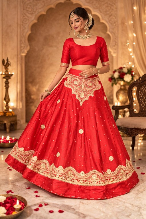 Sanskriti Vintage Red Pure Satin Silk Unstitched Lehenga Hand Embroidery Zardozi