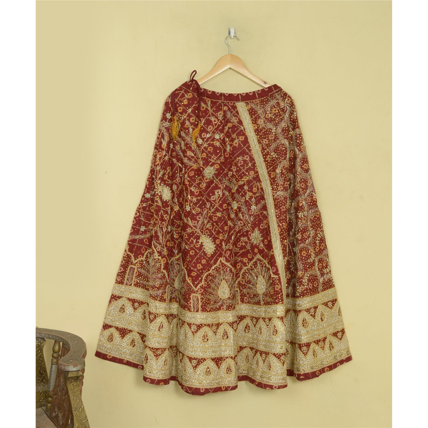 Sanskriti Vintage Red Pure Cotton Stitched Lehenga Bandhani Gharchola Hand Made
