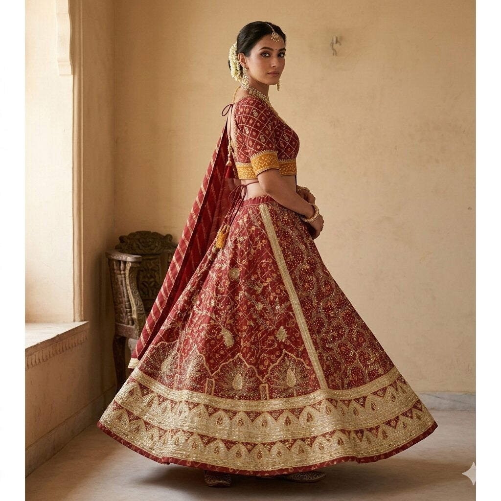 Sanskriti Vintage Red Pure Cotton Stitched Lehenga Bandhani Gharchola Hand Made