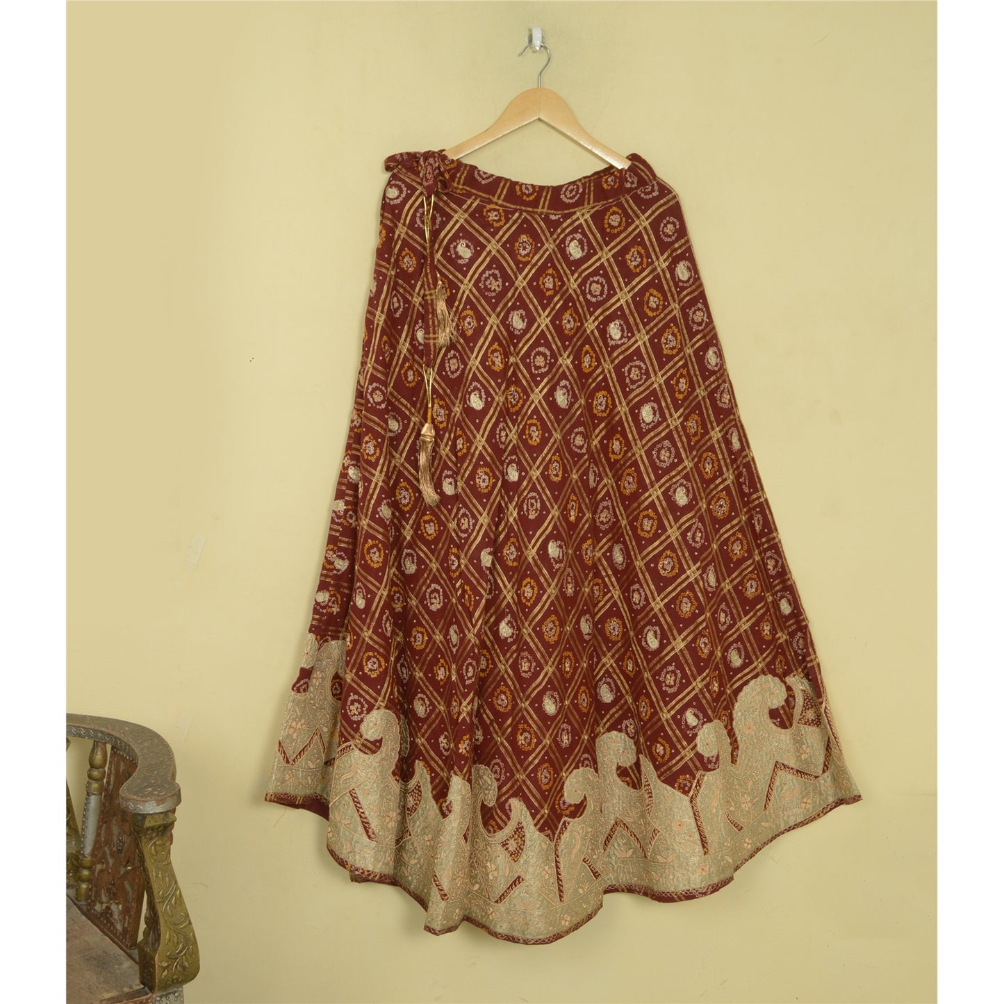 Sanskriti Vintage Maroon Pure Cotton Stitched Lehenga Bandhani Hand Embroidered