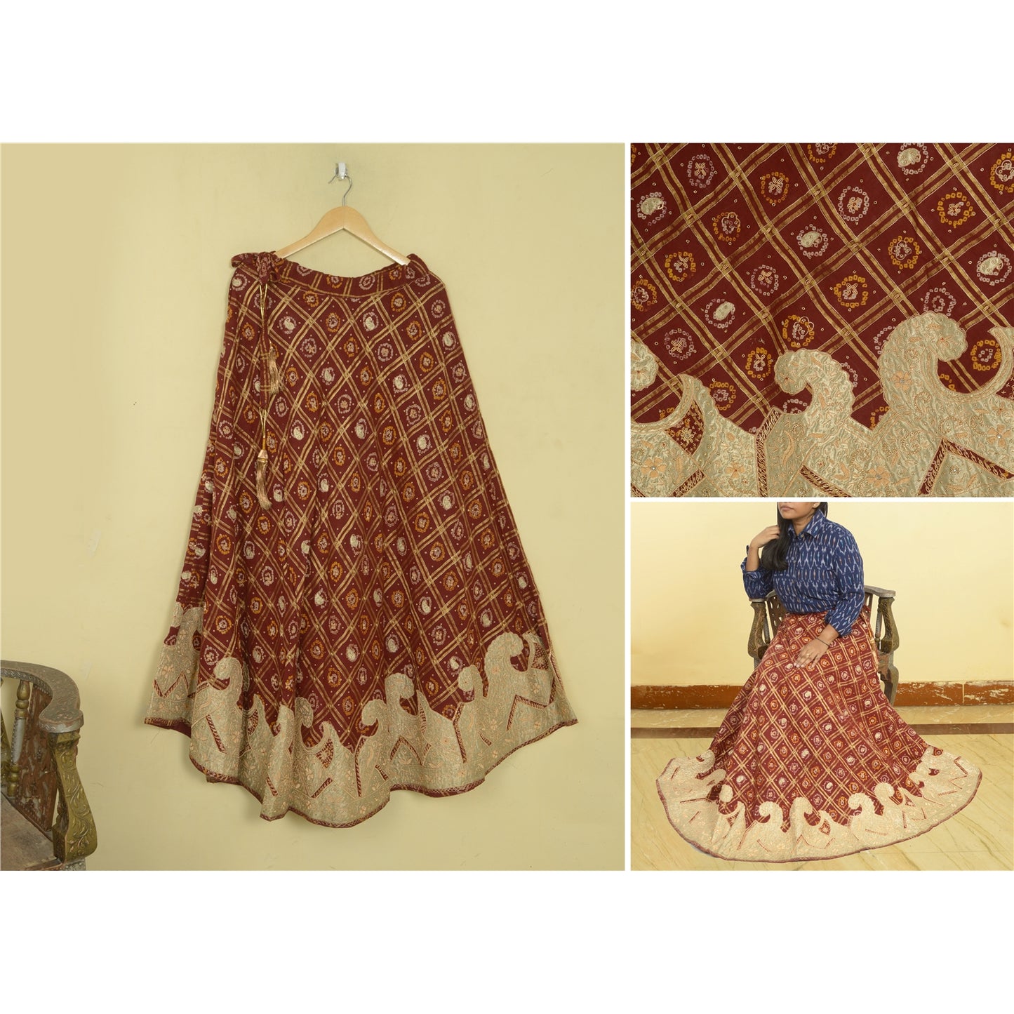 Sanskriti Vintage Maroon Pure Cotton Stitched Lehenga Bandhani Hand Embroidered