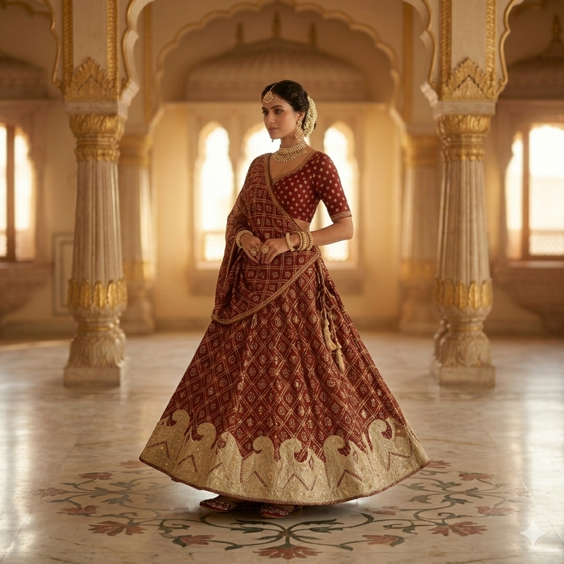 Sanskriti Vintage Maroon Pure Cotton Stitched Lehenga Bandhani Hand Embroidered