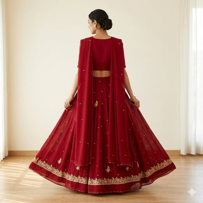 Sanskriti Vintage Maroon Georgette Unstitched Lehenga Hand Embroidered Zardozi