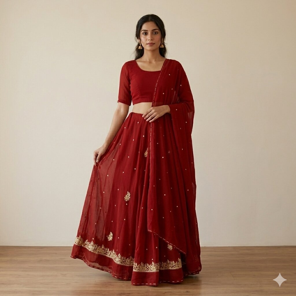 Sanskriti Vintage Maroon Georgette Unstitched Lehenga Hand Embroidered Zardozi
