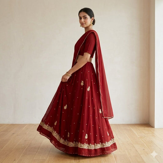 Sanskriti Vintage Maroon Georgette Unstitched Lehenga Hand Embroidered Zardozi