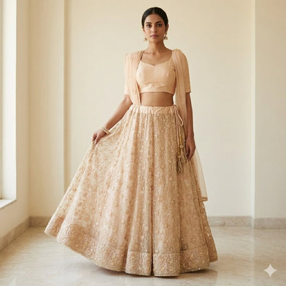 Sanskriti Vintage Peach Net Stitched Lehenga Hand Beaded Indian Wedding Ethnic