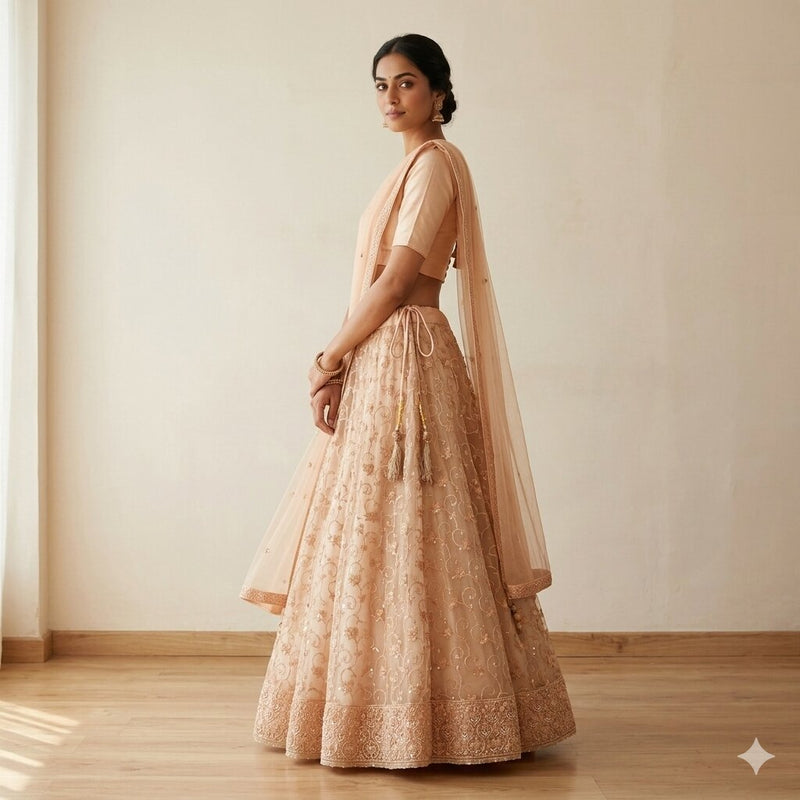 Sanskriti Vintage Peach Net Stitched Lehenga Hand Beaded Indian Wedding Ethnic