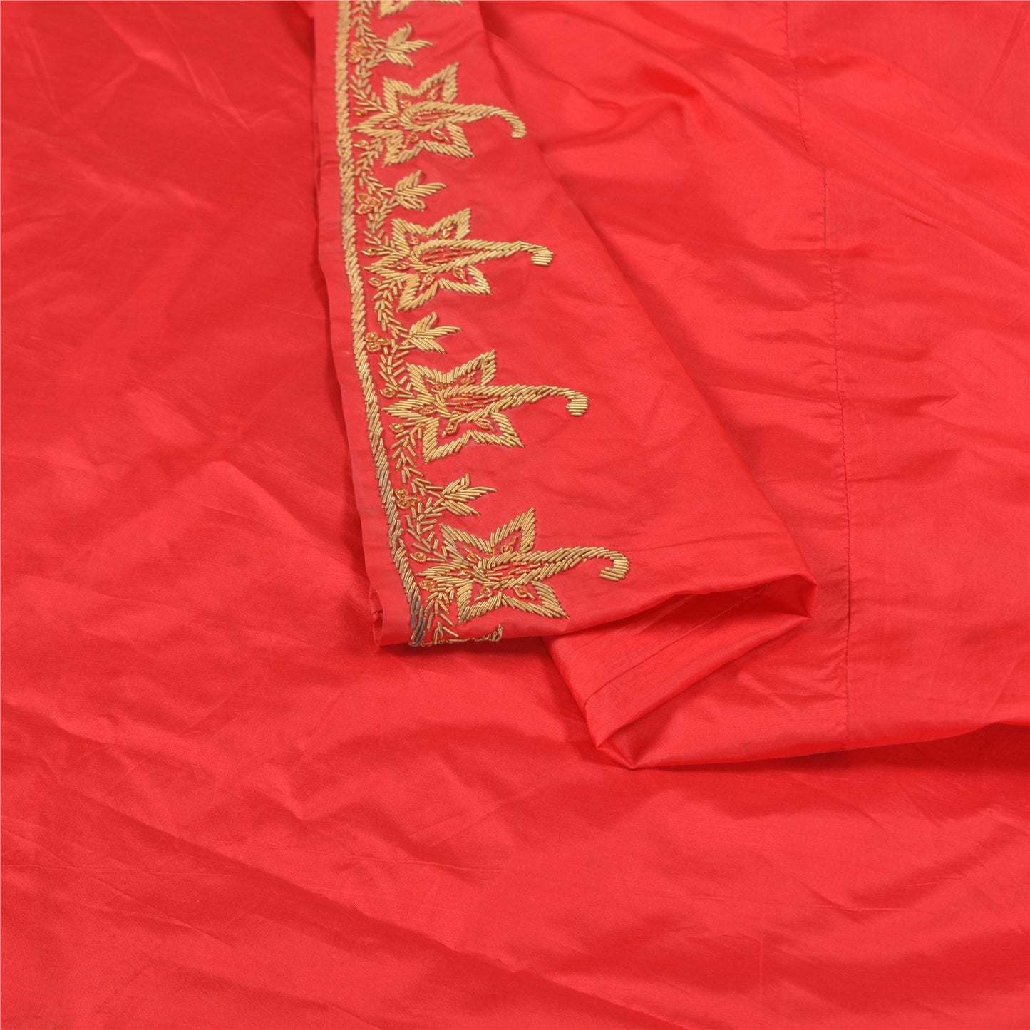 Sanskriti Vintage Red Pure Silk Unstitch Lehenga Antique Hand Embroidery Zardozi