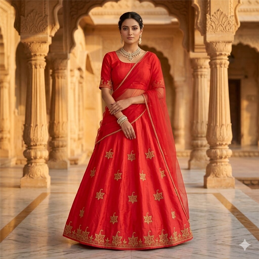 Sanskriti Vintage Red Pure Silk Unstitch Lehenga Antique Hand Embroidery Zardozi