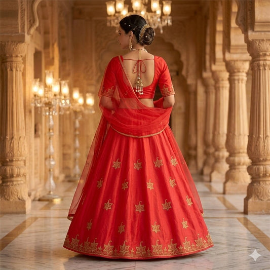 Sanskriti Vintage Red Pure Silk Unstitch Lehenga Antique Hand Embroidery Zardozi