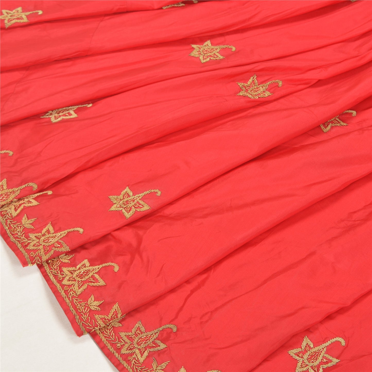 Sanskriti Vintage Red Pure Silk Unstitch Lehenga Antique Hand Embroidery Zardozi