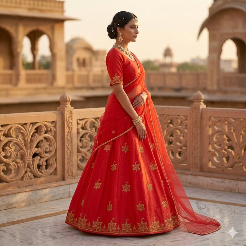 Sanskriti Vintage Red Pure Silk Unstitch Lehenga Antique Hand Embroidery Zardozi