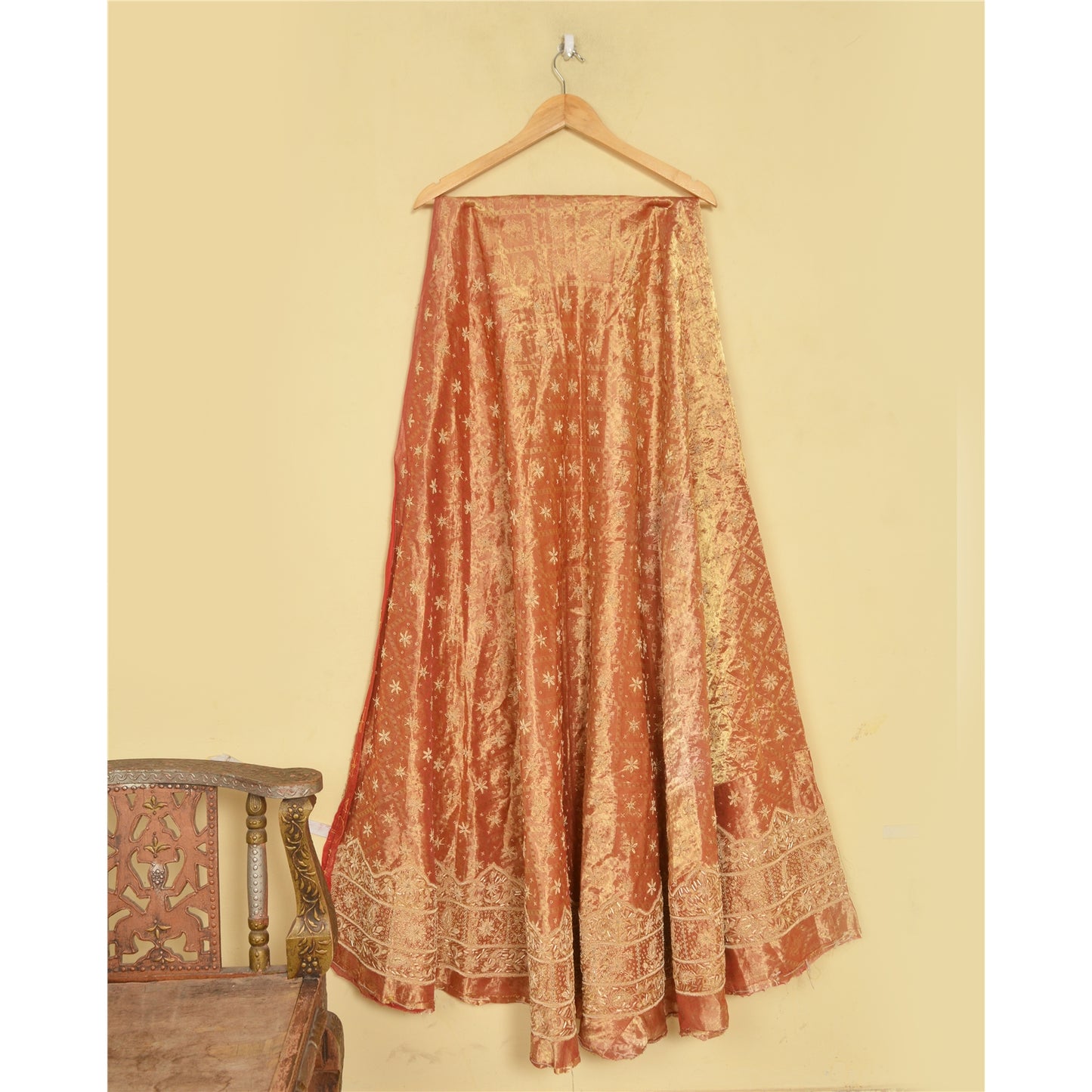 Sanskriti Vintage Peach Pure Silk Unstitch Lehenga Hand Embroidery Zardozi Zari