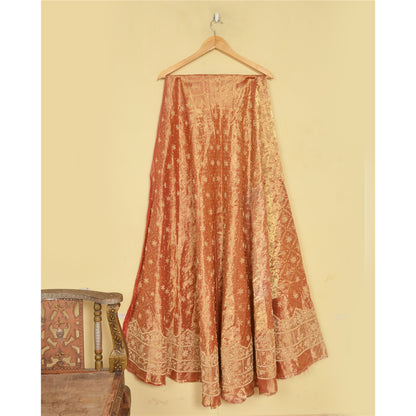 Sanskriti Vintage Peach Pure Silk Unstitch Lehenga Hand Embroidery Zardozi Zari