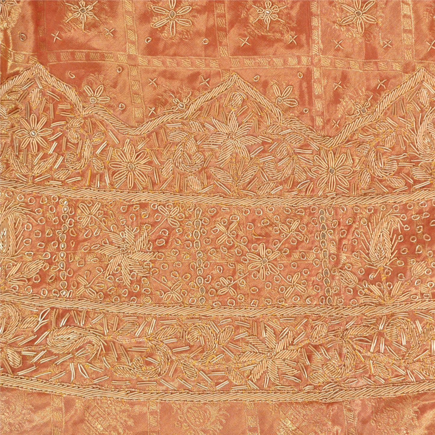 Sanskriti Vintage Peach Pure Silk Unstitch Lehenga Hand Embroidery Zardozi Zari
