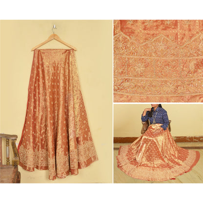 Sanskriti Vintage Peach Pure Silk Unstitch Lehenga Hand Embroidery Zardozi Zari