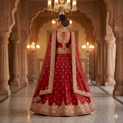Sanskriti Vintage Red Pure Satin Silk Unstitched Lehenga Hand Embroidery Zardozi