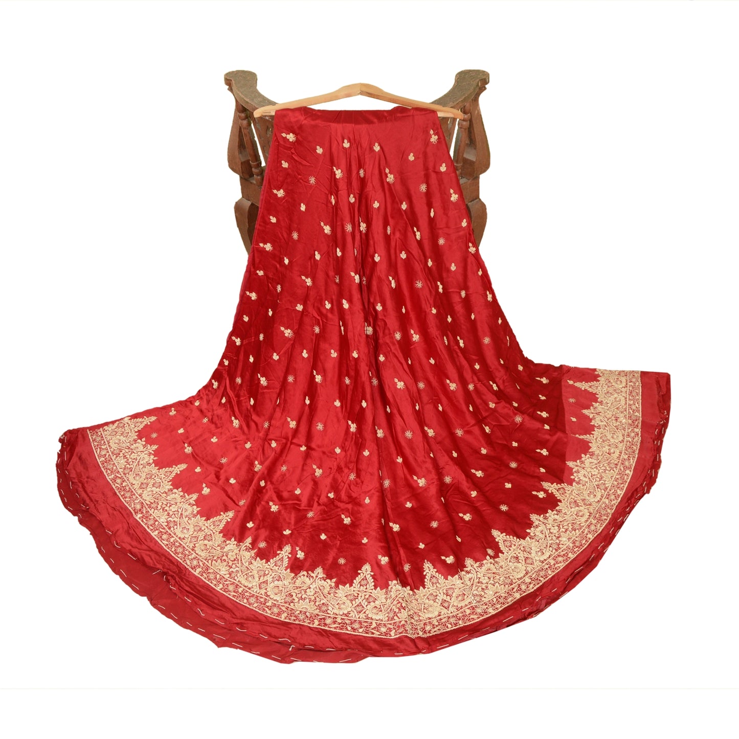 Sanskriti Vintage Red Pure Satin Silk Unstitched Lehenga Hand Embroidery Zardozi