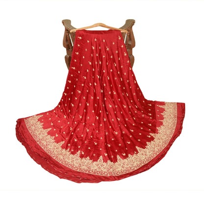 Sanskriti Vintage Red Pure Satin Silk Unstitched Lehenga Hand Embroidery Zardozi
