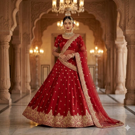 Sanskriti Vintage Red Pure Satin Silk Unstitched Lehenga Hand Embroidery Zardozi
