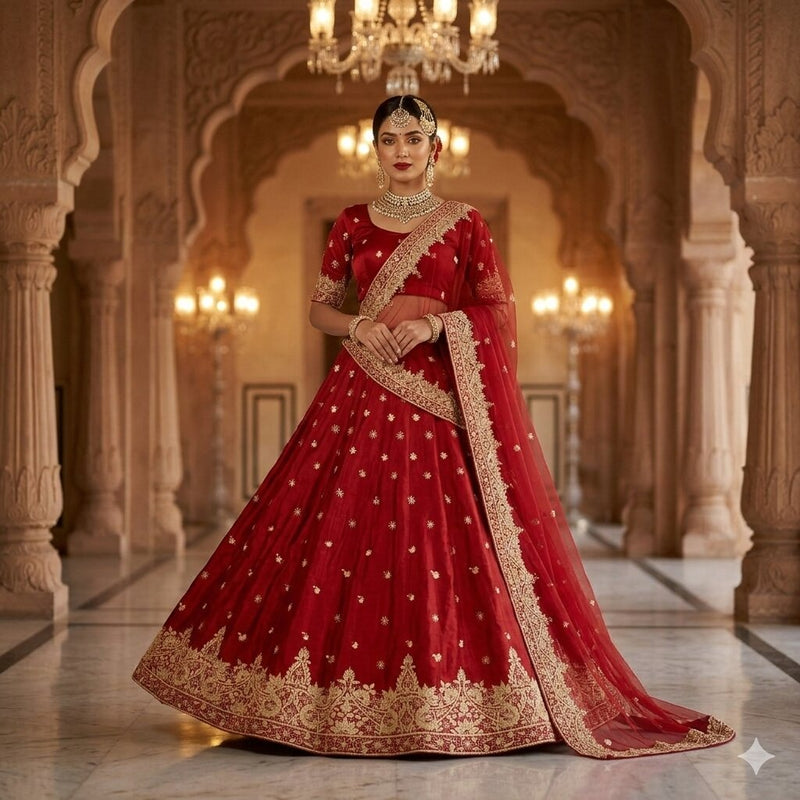 Sanskriti Vintage Red Pure Satin Silk Unstitched Lehenga Hand Embroidery Zardozi