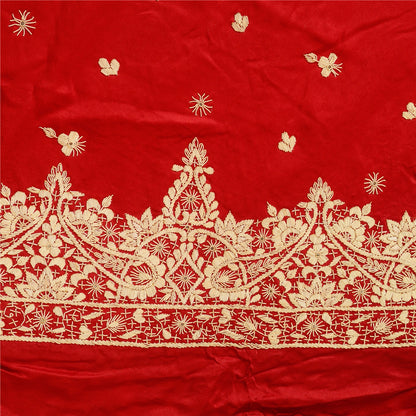 Sanskriti Vintage Red Pure Satin Silk Unstitched Lehenga Hand Embroidery Zardozi