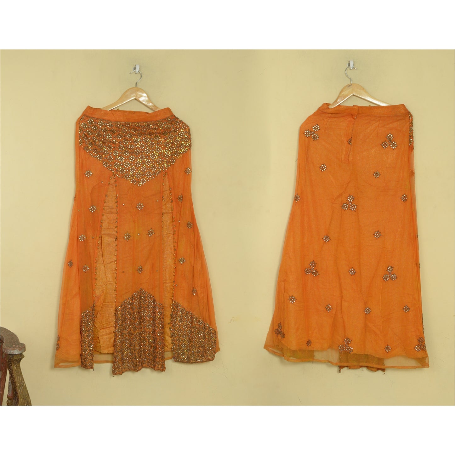 Sanskriti Vintage Orange Net Mesh Stitched Lehenga Hand Embroidery Zardozi