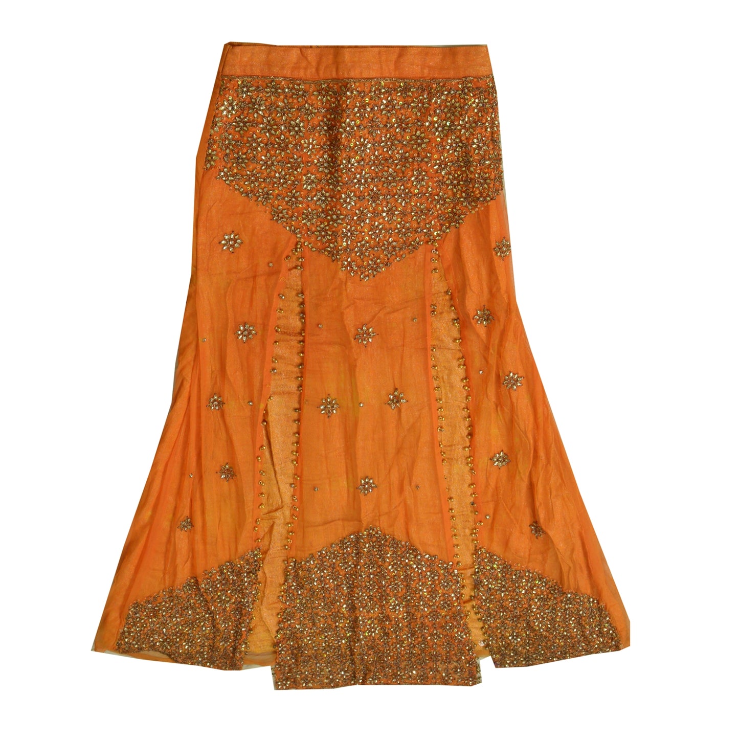 Sanskriti Vintage Orange Net Mesh Stitched Lehenga Hand Embroidery Zardozi