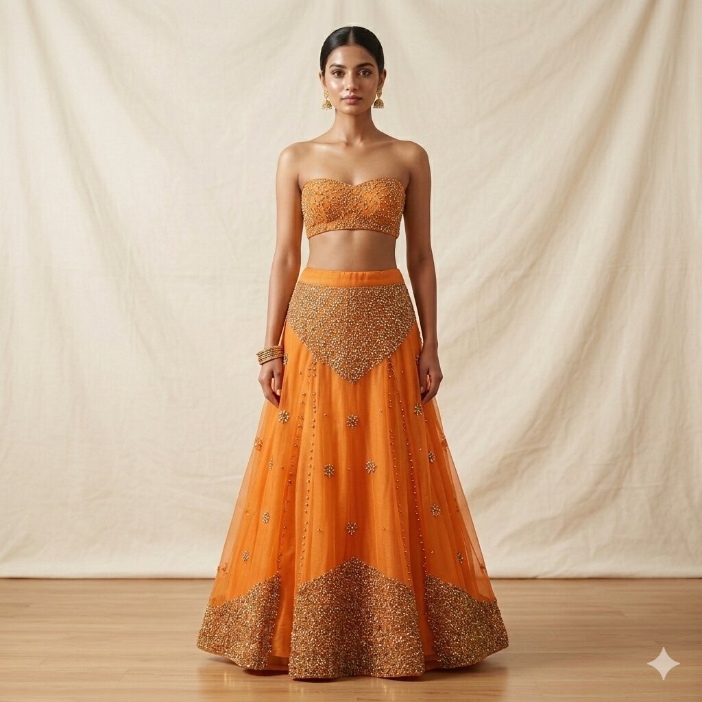 Sanskriti Vintage Orange Net Mesh Stitched Lehenga Hand Embroidery Zardozi