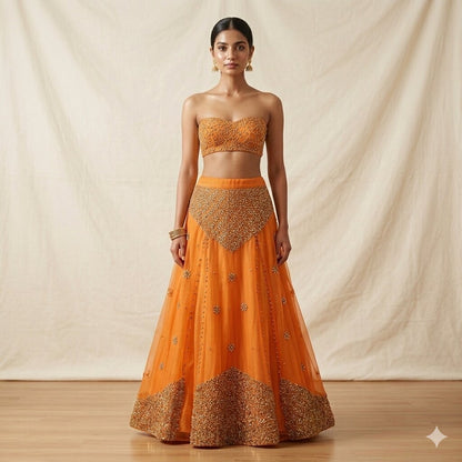 Sanskriti Vintage Orange Net Mesh Stitched Lehenga Hand Embroidery Zardozi