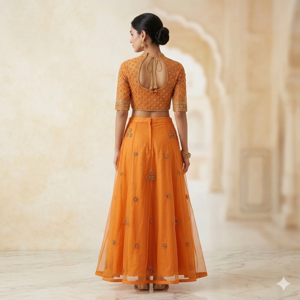 Sanskriti Vintage Orange Net Mesh Stitched Lehenga Hand Embroidery Zardozi