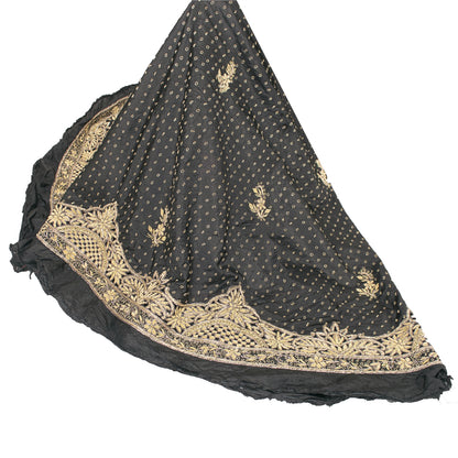 Sanskriti Vintage Black 100%Pure Silk Unstitched Lehenga Hand Embroidery Zardozi